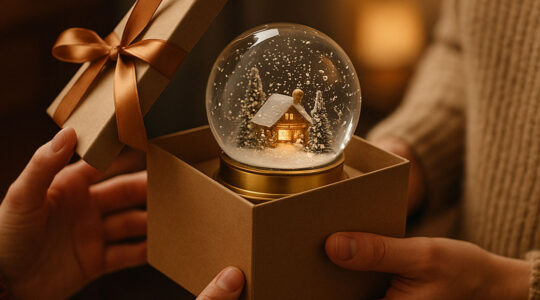 boule à neige en verre dans une boîte cadeau, présentée entre deux personnes dans une ambiance chaleureuse et festive