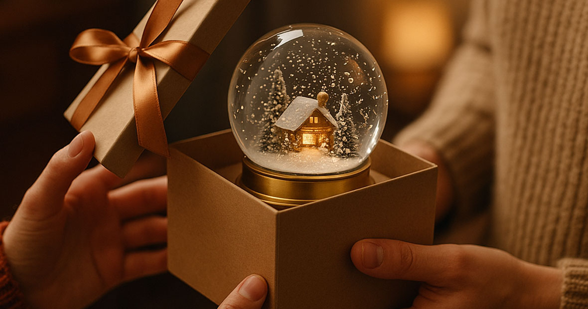 boule à neige en verre dans une boîte cadeau, présentée entre deux personnes dans une ambiance chaleureuse et festive