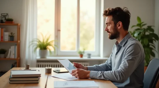 Photographie éditoriale d'un investisseur français observant graphiques financiers à la lumière naturelle, symbolisant la gestion de l'épargne à long terme sans texte ni logo