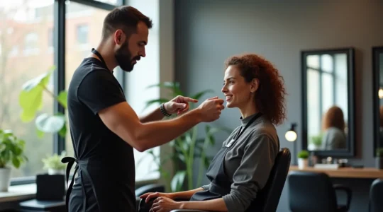 Consultation entre un coiffeur professionnel et sa cliente dans un salon moderne et épuré