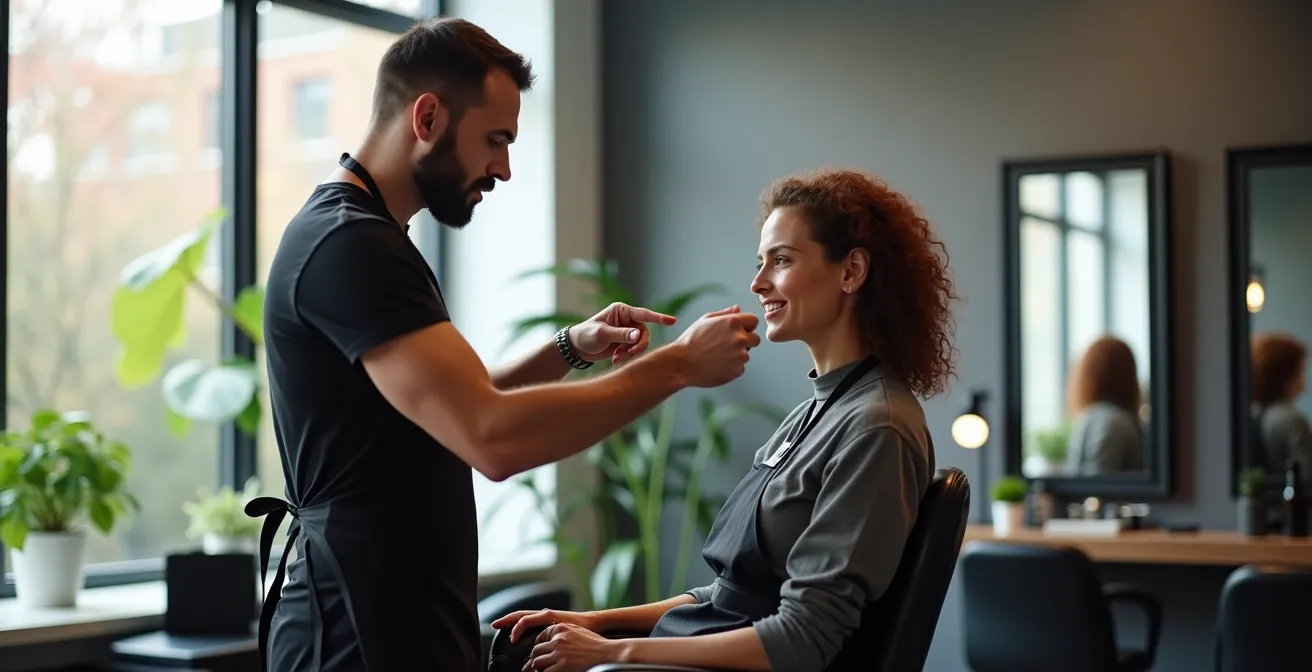 Consultation entre un coiffeur professionnel et sa cliente dans un salon moderne et épuré
