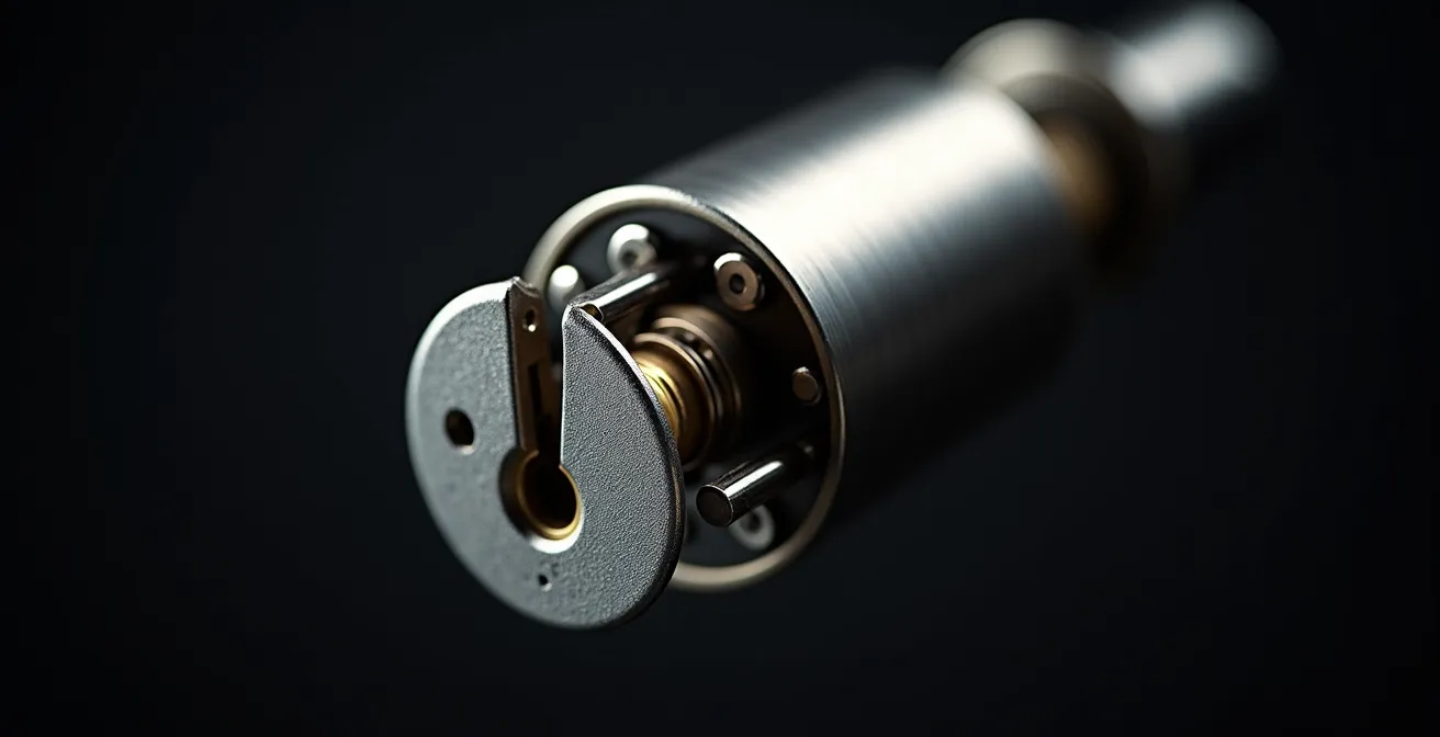 Gros plan détaillé d'un mécanisme de cylindre de serrure haute sécurité avec goupilles anti-bumping, textures métalliques fines