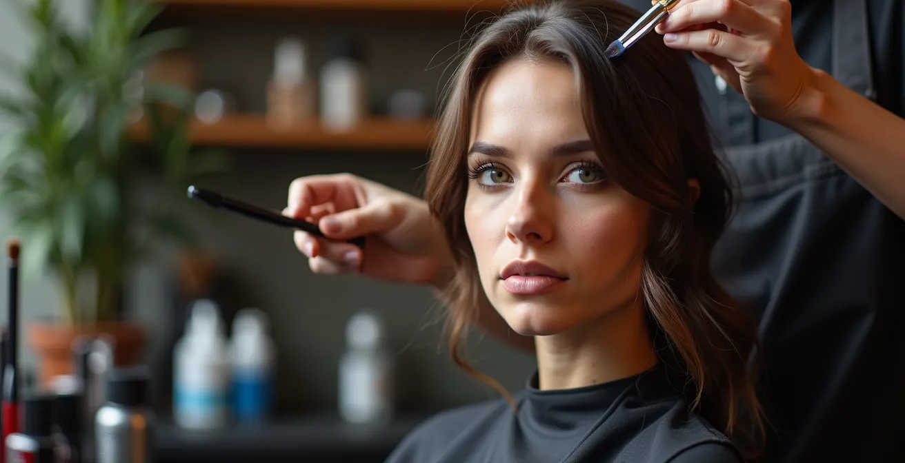 Coiffeur expert démontrant une technique avancée de coloration avec précision et concentration