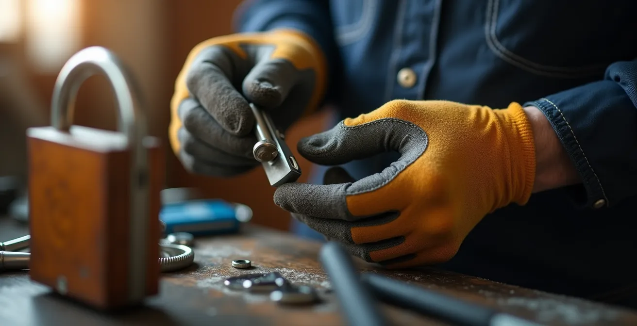 Mains d'un expert effectuant l'entretien délicat d'une serrure, avec lubrification précise et verrous d'inspection