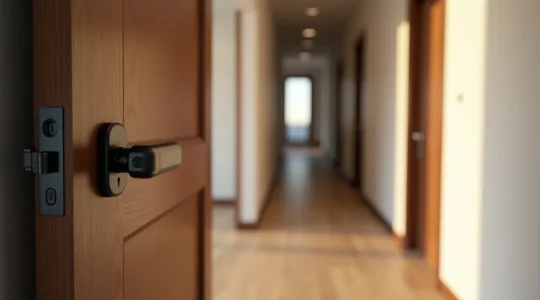 Porte d'entrée sécurisée avec serrure 3 points encastrable, composition nette, lumière cinématographique, texture métallique fine