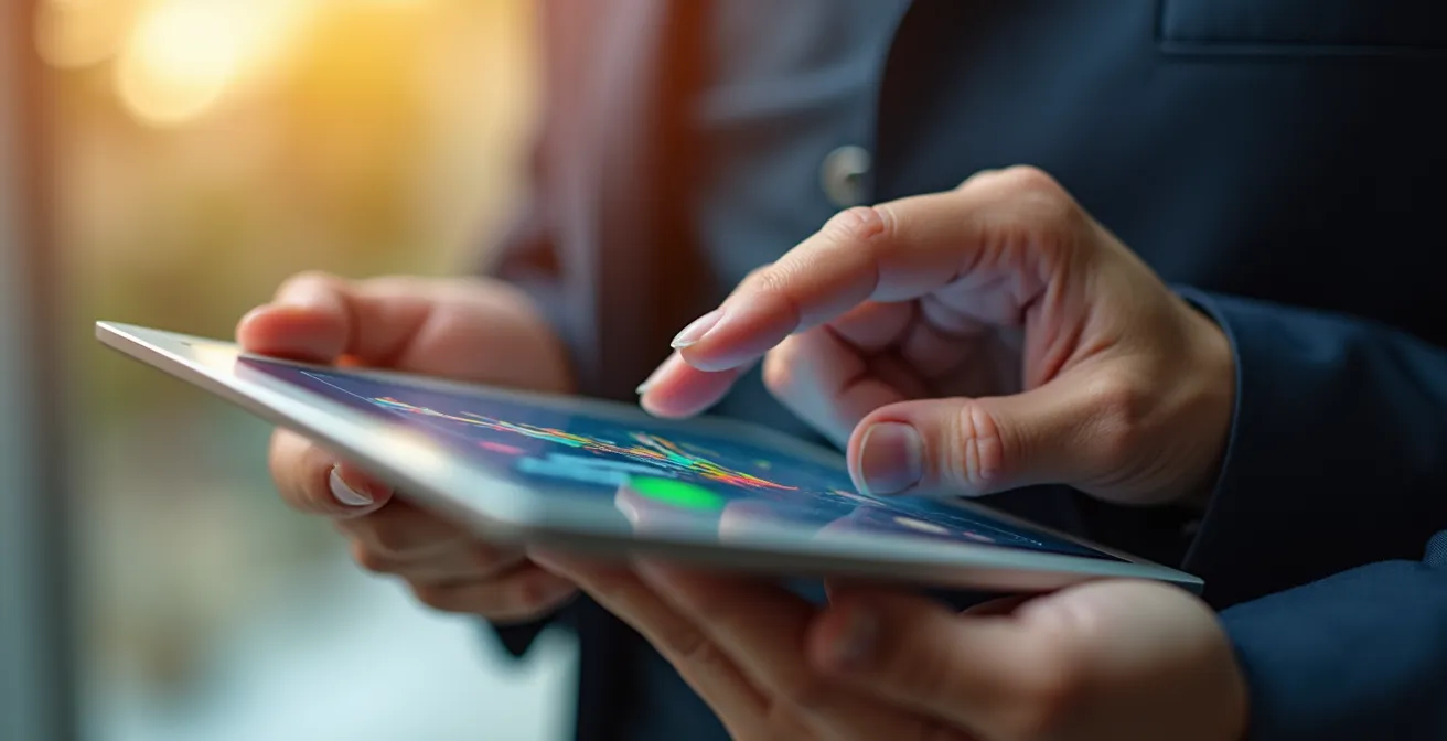 Gros plan sur des mains analysant des données énergétiques sur tablette professionnelle