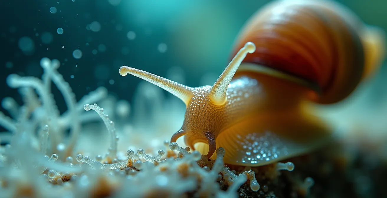 Vue macro d'un escargot consommant le biofilm sur une surface d'aquarium