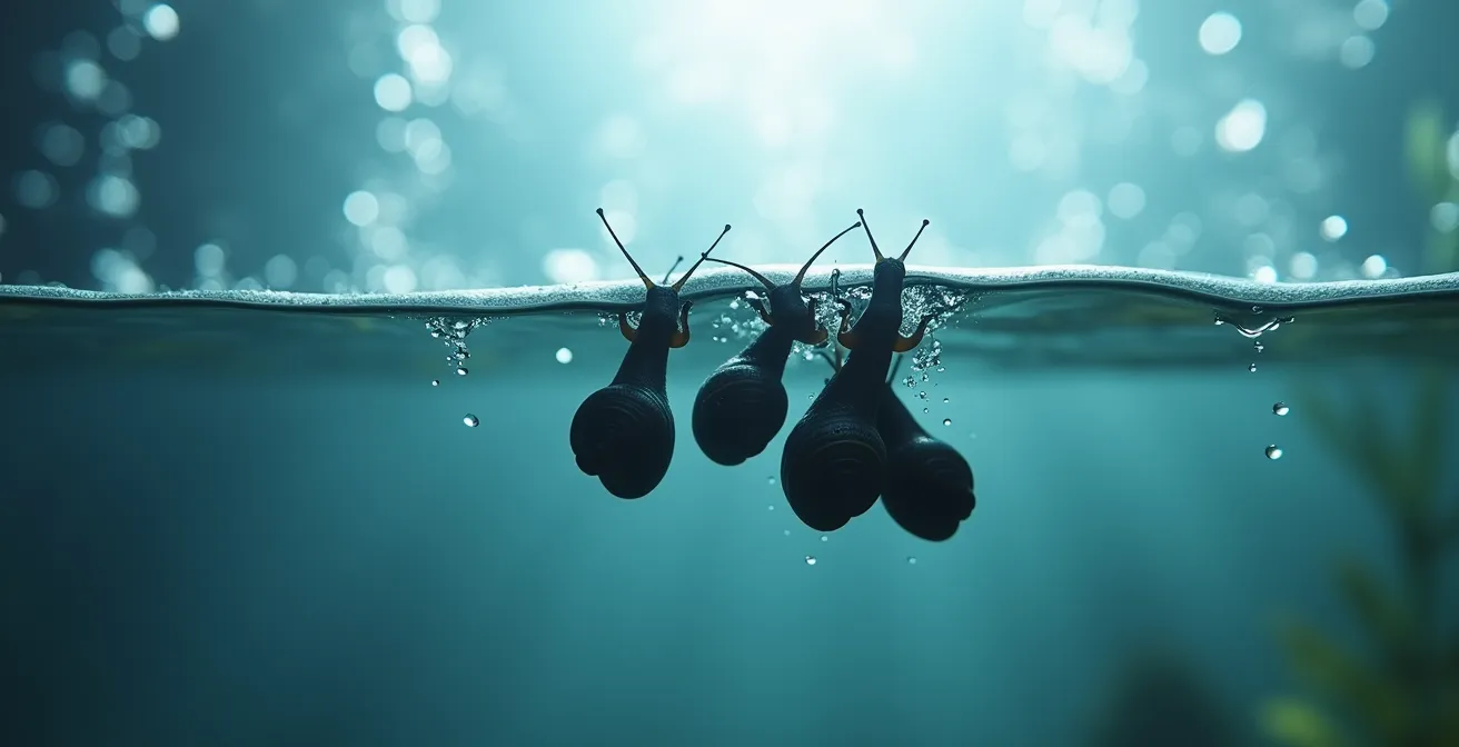 Escargots remontant à la surface de l'eau indiquant un problème d'oxygénation