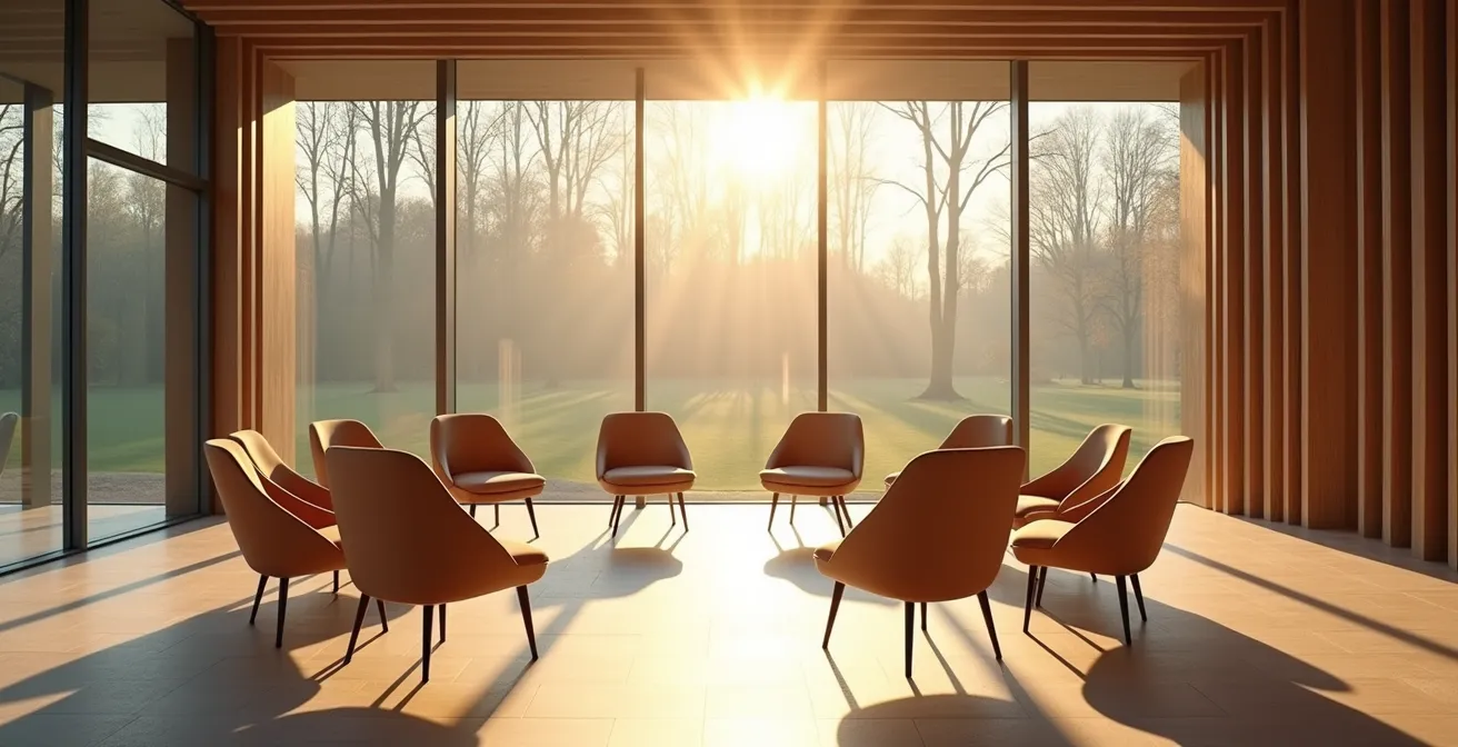 Vue large d'un espace de séminaire moderne avec architecture ouverte