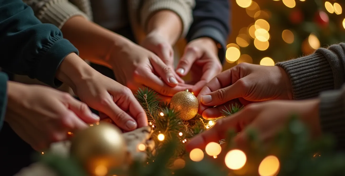 Mains d'équipe décorant ensemble un élément festif