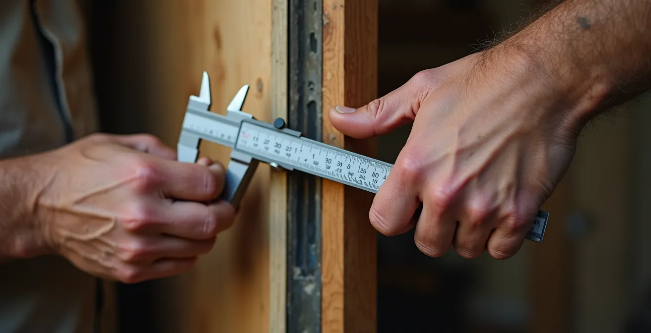 Main mesurant l'épaisseur d'une porte avec un outil de mesure professionnel