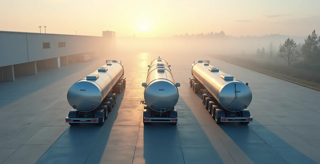 Vue aérienne d'un centre de distribution énergétique avec camions citernes