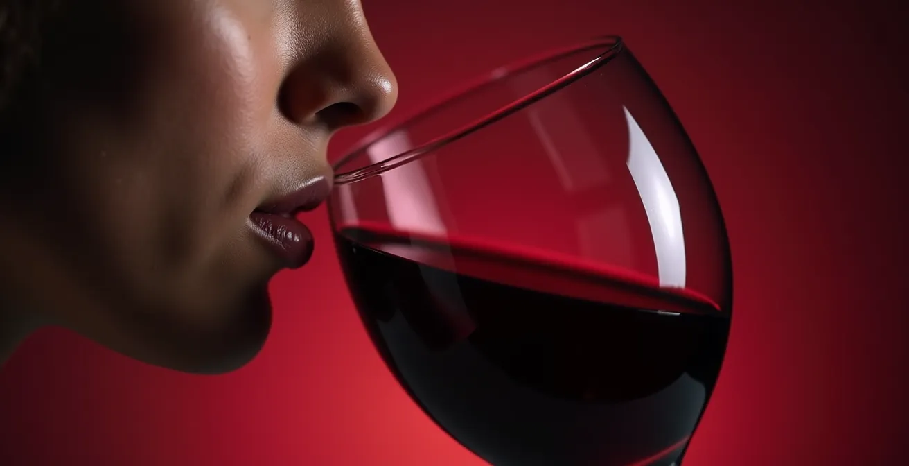 Détail macro d'un profil humain en train de sentir un verre de vin