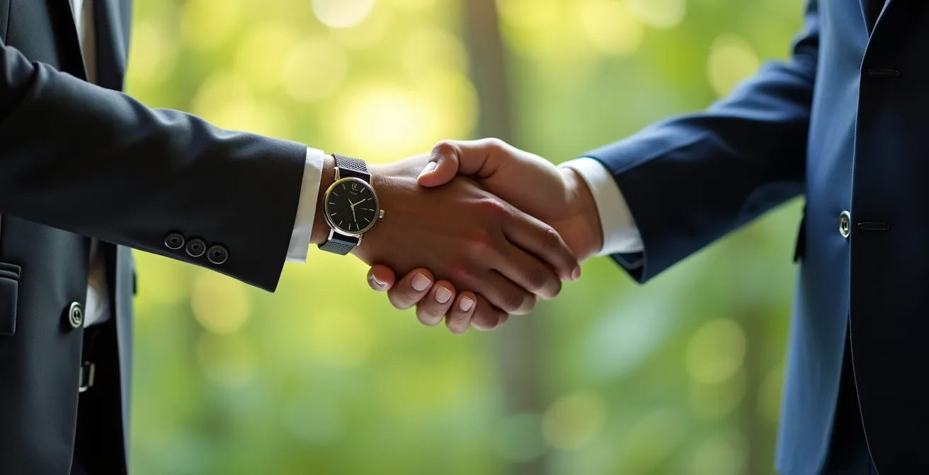 Poignée de main professionnelle symbolisant un partenariat énergétique durable