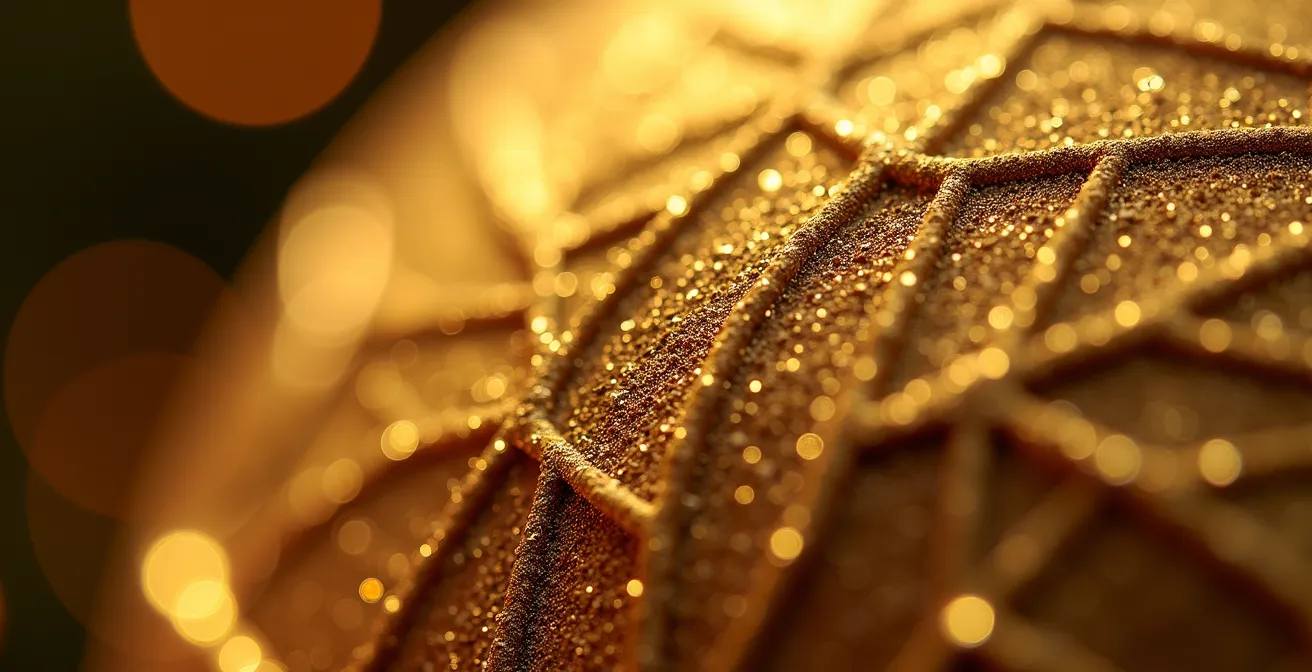 Texture dorée d'une décoration de Noël en très gros plan