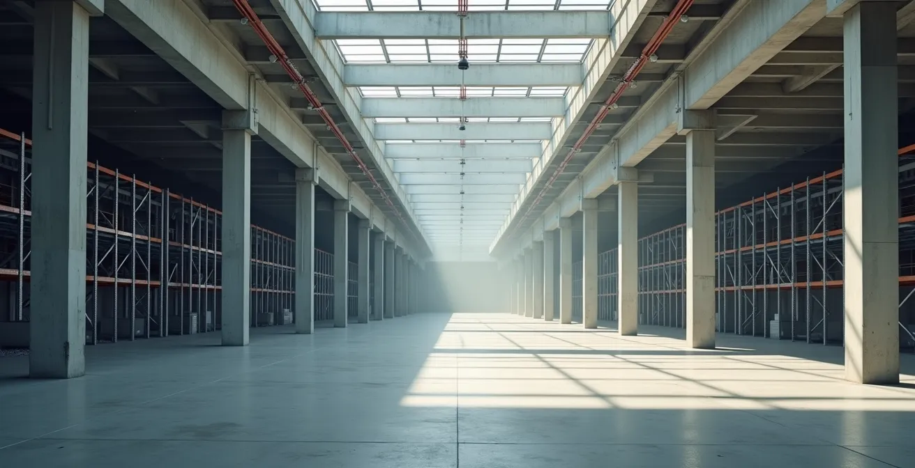 Vue large d'un entrepôt moderne avec systèmes de sécurité visibles