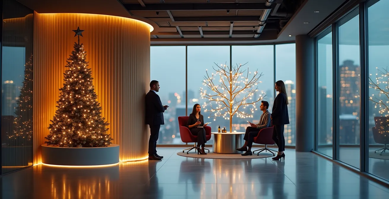 Espace photo décoré avec éléments de marque subtils dans un environnement festif