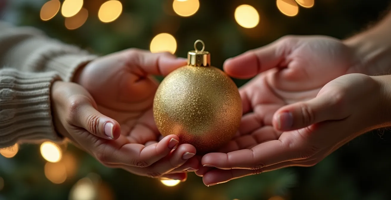 Mains de différentes générations touchant ensemble une décoration de Noël