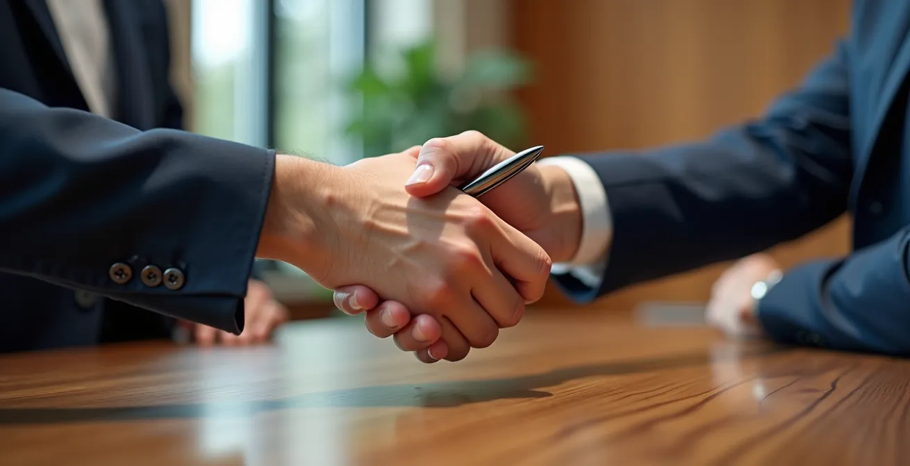 Deux mains professionnelles échangeant un stylo au-dessus d'une surface de travail