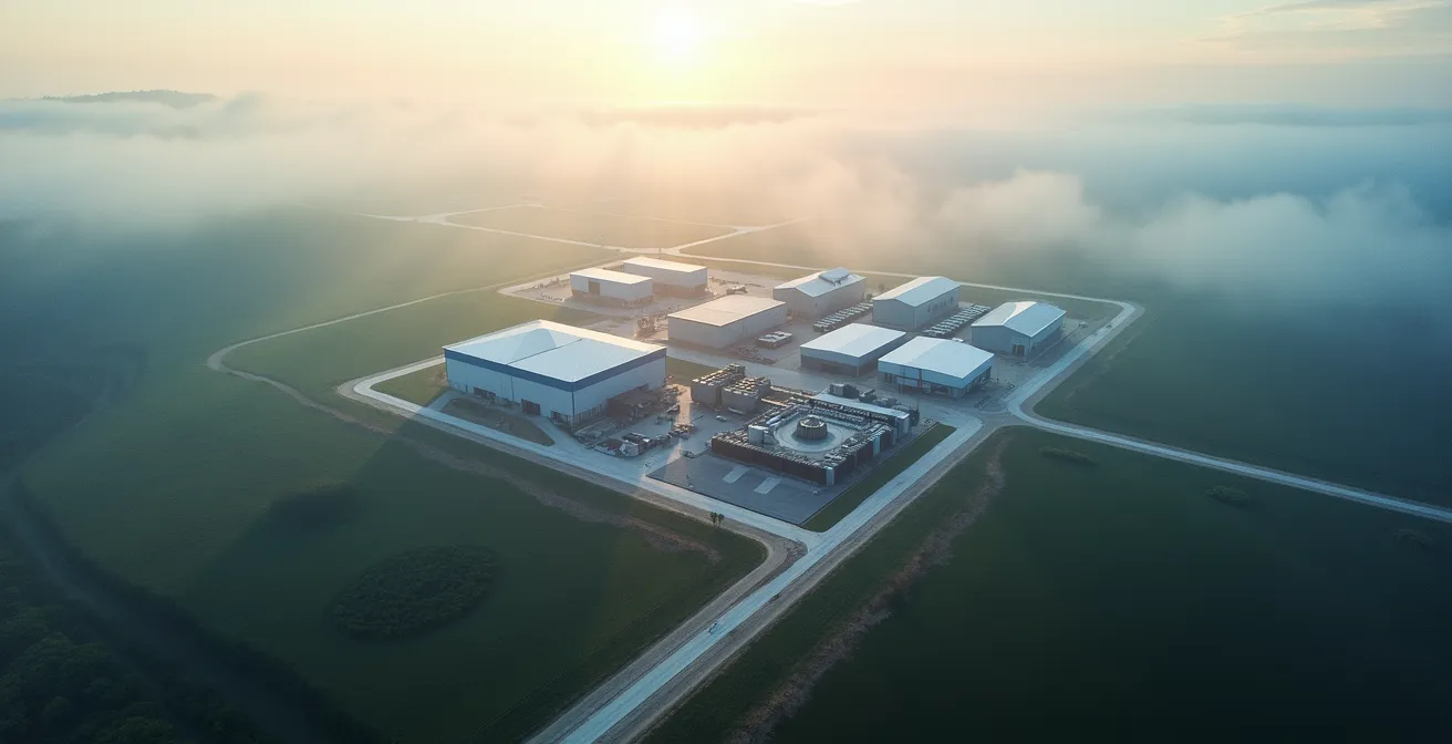 Vue aérienne minimaliste d'installations énergétiques intégrées dans un site industriel moderne