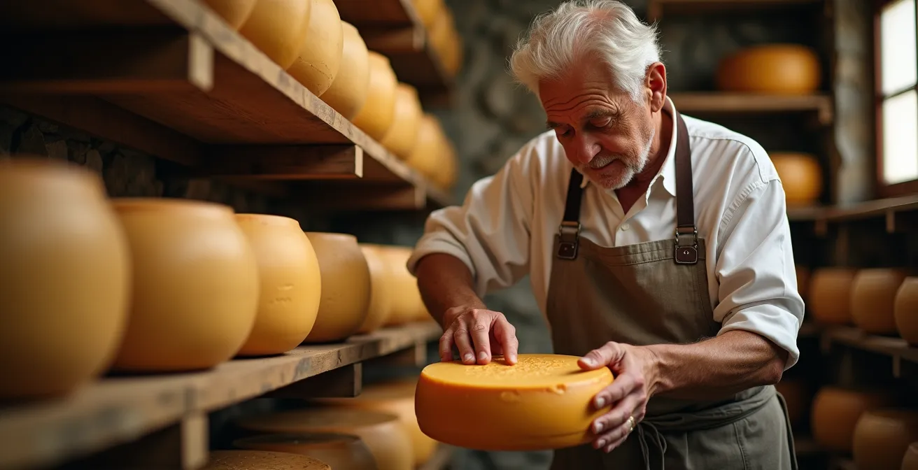 Artisan fromager dans une cave d'affinage traditionnelle, manipulant délicatement une meule de fromage savoyard