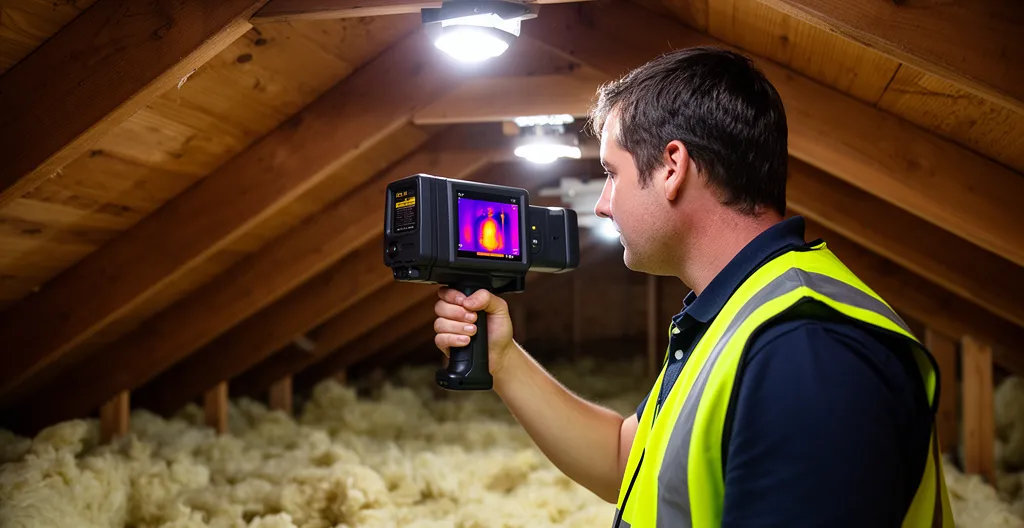 Professionnel utilisant une caméra thermique pour inspecter l'isolation des combles