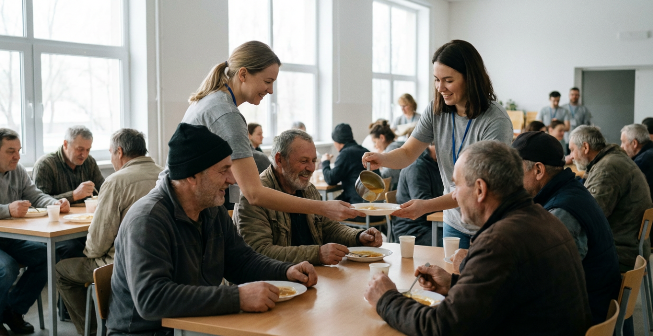 Bénévoles servant des repas (fidya Ramadan) à des personnes dans un centre d'accueil