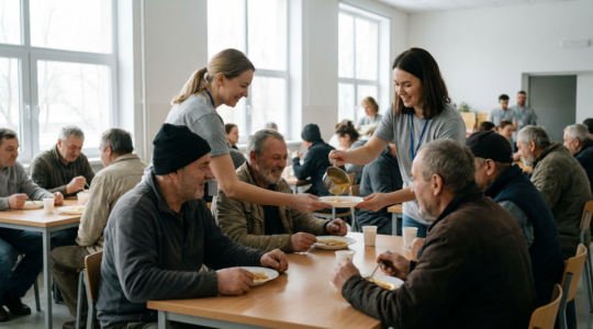Bénévoles servant des repas (fidya Ramadan) à des personnes dans un centre d'accueil