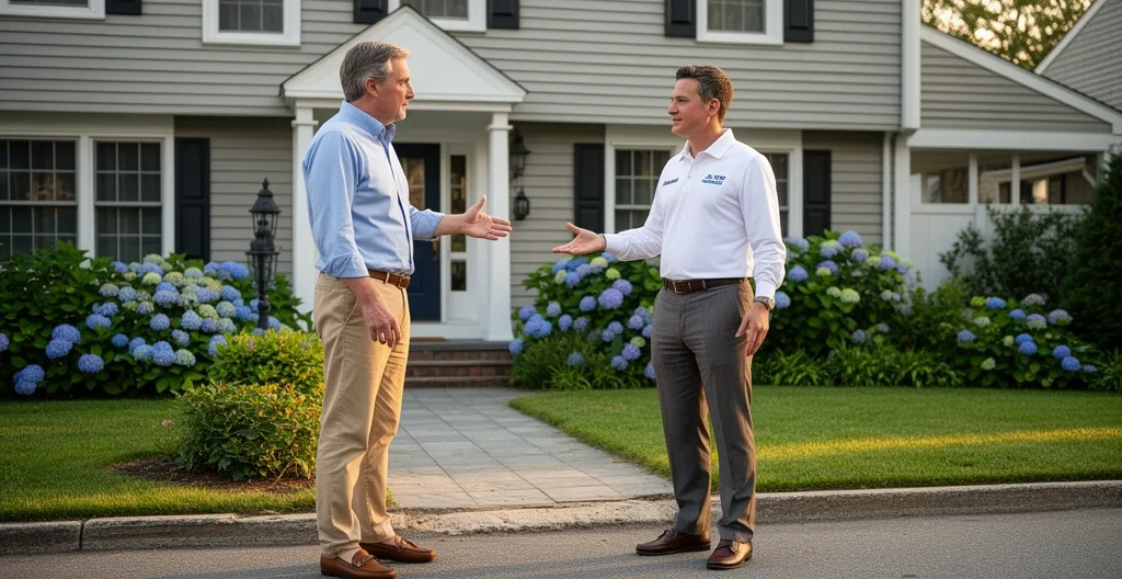 Propriétaire et conseiller en rénovation discutant devant une maison