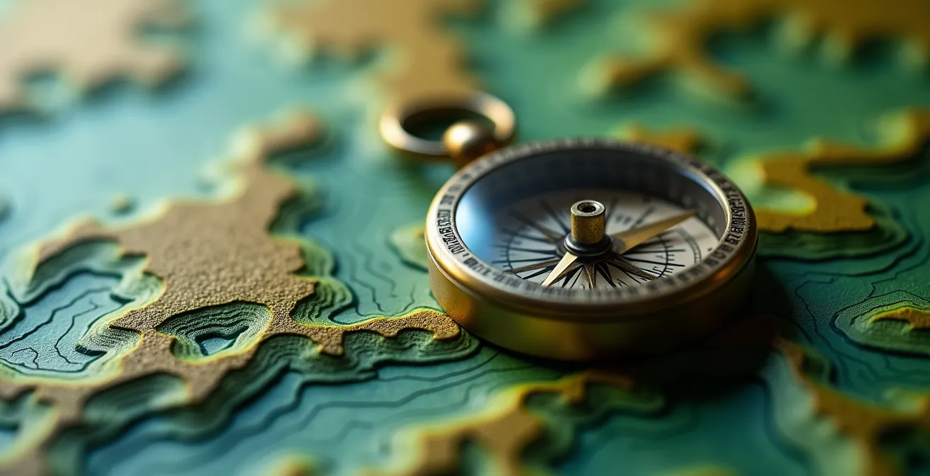 Gros plan sur un compas doré posé sur une carte topographique abstraite aux teintes vertes