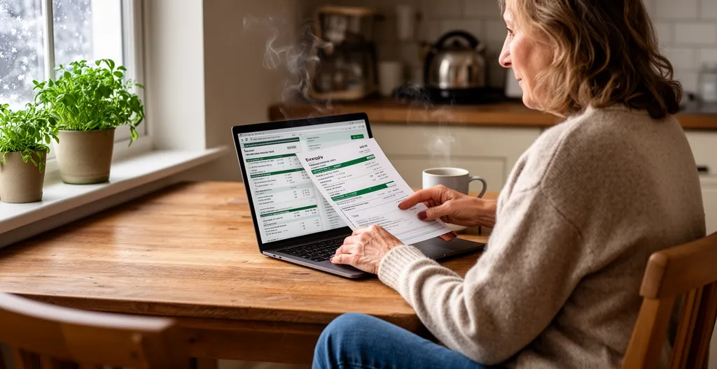 Femme consultant ses factures d'énergie sur ordinateur portable dans sa cuisine