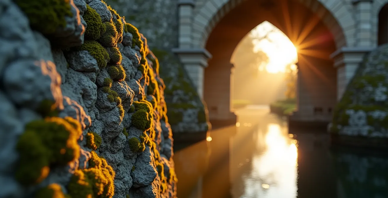 Voûtes romanes éclairées par la lumière filtrée du lac, créant des jeux d'ombres et de reflets dorés