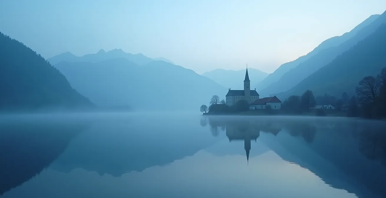 Vue minimaliste de l'abbaye dans la brume matinale avec reflets sur le lac