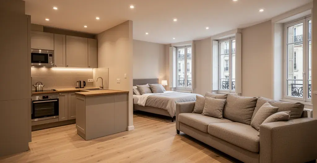 Intérieur appartement meublé T2 avec cuisine équipée et mobilier pour location LMNP