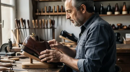 Artisan chausseur français travaillant le cuir dans son atelier traditionnel