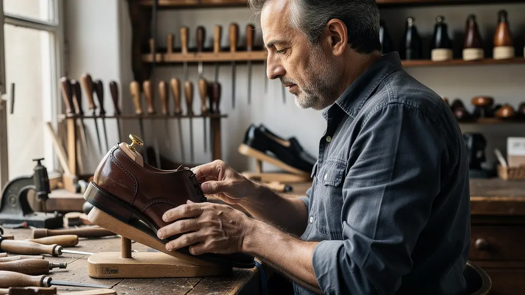 Artisan chausseur français travaillant le cuir dans son atelier traditionnel