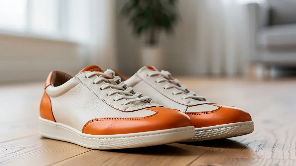 Paire de baskets made in France en cuir posées sur parquet chêne