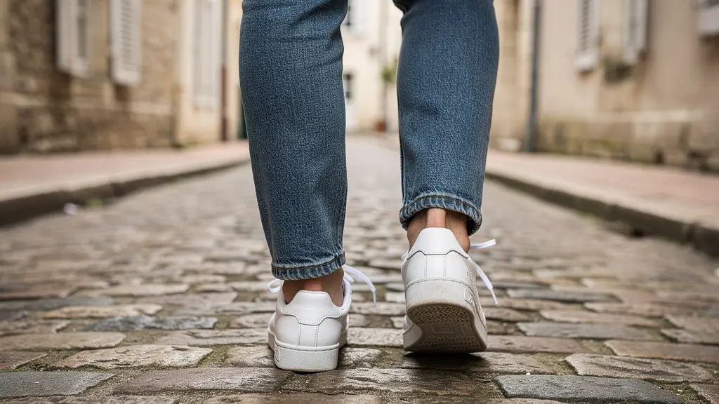 Jambes portant des baskets françaises blanches marchant sur pavés ville