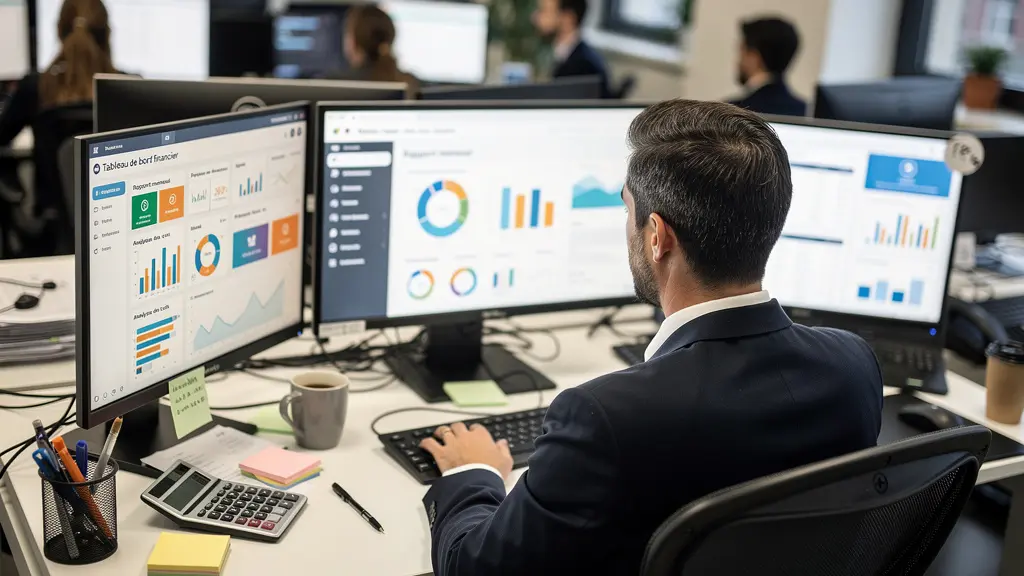 Responsable comptable devant plusieurs écrans affichant des indicateurs de suivi des créances clients