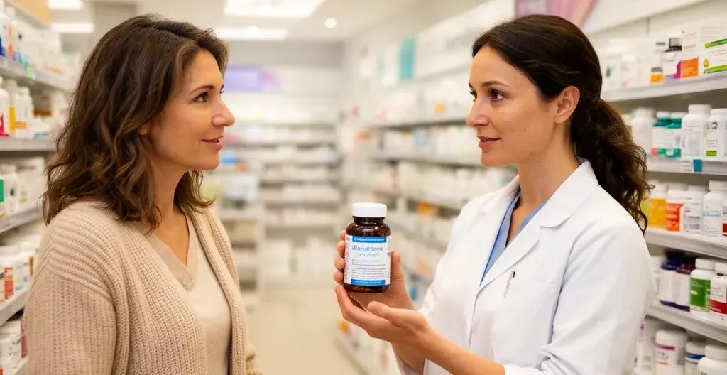 Pharmacien conseillant une cliente sur le choix de compléments alimentaires en rayon