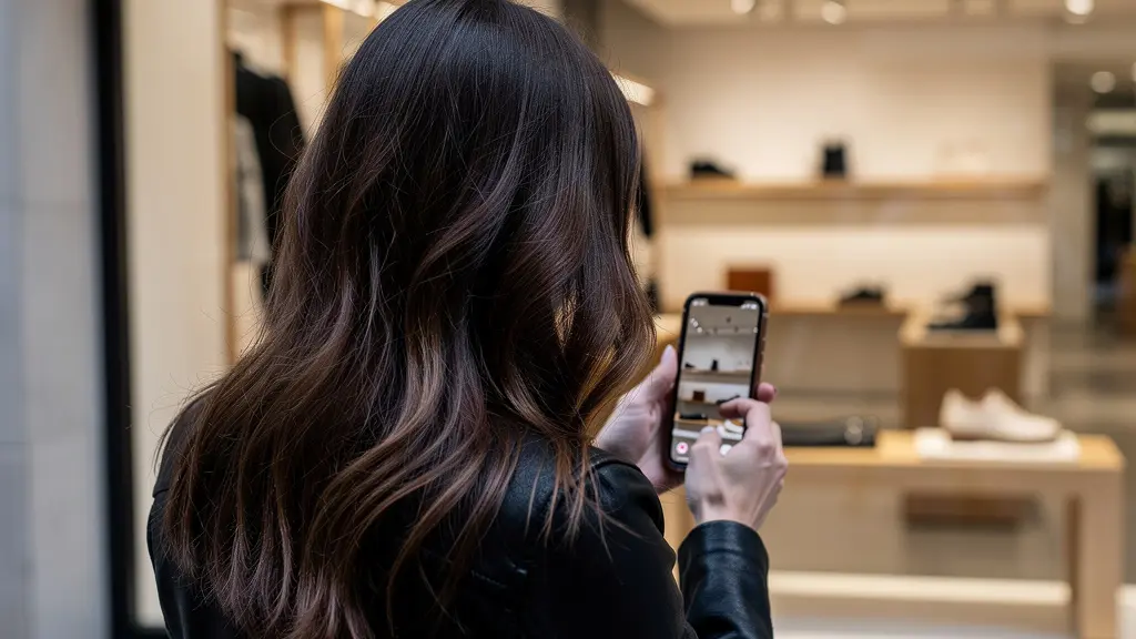 Femme comparant des baskets éco-responsables sur son téléphone devant une vitrine de magasin