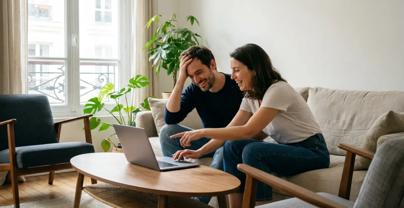 Couple propriétaire trentenaire consultant ordinateur dans appartement meublé moderne pour optimisation fiscale LMNP