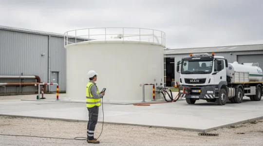 Cuve de stockage hors-sol conteneurisée sur site industriel avec poids lourd en ravitaillement