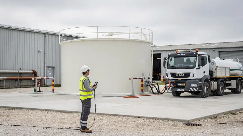 Cuve de stockage hors-sol conteneurisée sur site industriel avec poids lourd en ravitaillement