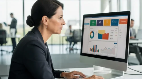 Directrice financière analysant un tableau de bord de trésorerie sur écran dans un bureau moderne