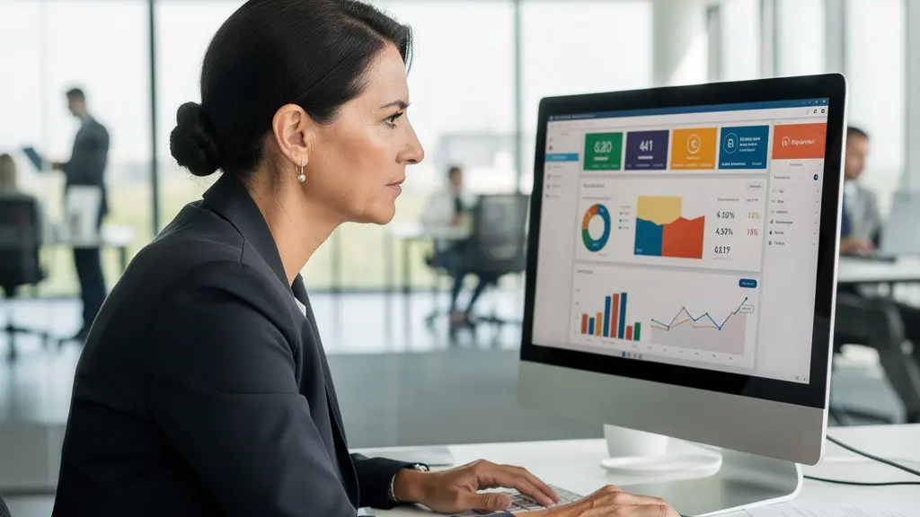 Directrice financière analysant un tableau de bord de trésorerie sur écran dans un bureau moderne