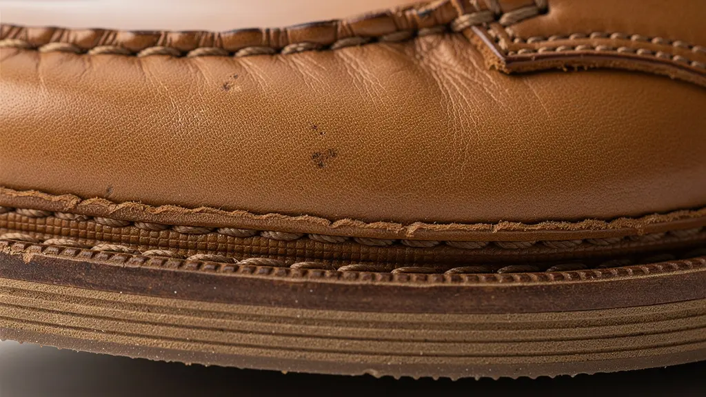 Gros plan sur coutures main et cuir d'une chaussure française de qualité