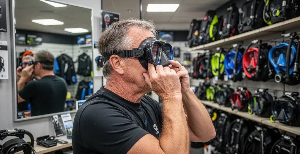 Personne essayant un masque de plongée correcteur dans un magasin spécialisé