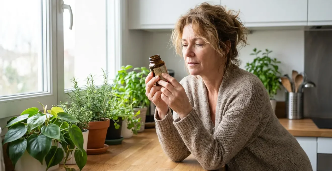 Femme examinant attentivement l'étiquette d'un flacon de compléments alimentaires naturels dans sa cuisine
