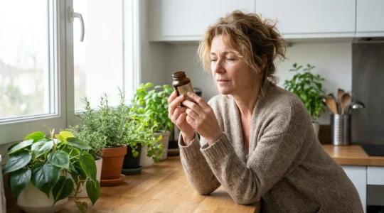 Femme examinant attentivement l'étiquette d'un flacon de compléments alimentaires naturels dans sa cuisine